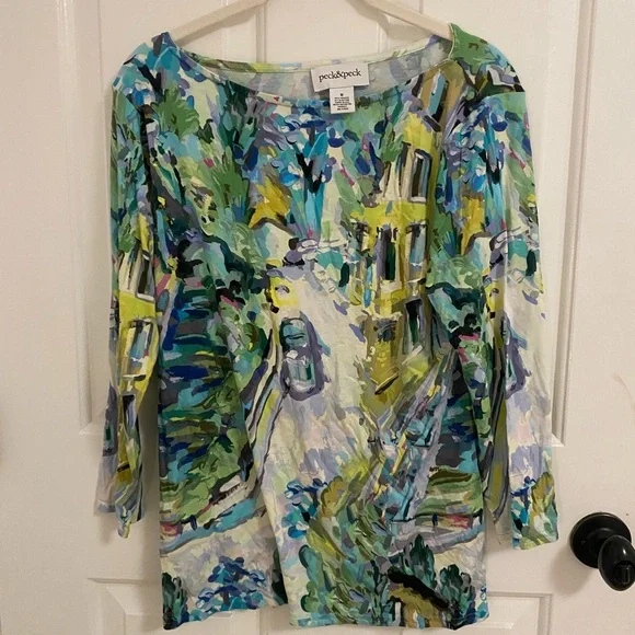 Peck & Peck Multicolor Graphic Watercolor Euro Street Scene Blouse Size Medium M - Picture 1 of 3